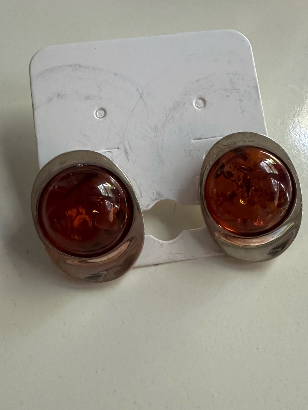 Amber Cabochon Silver-Tone Clip-On Earrings - Unbranded